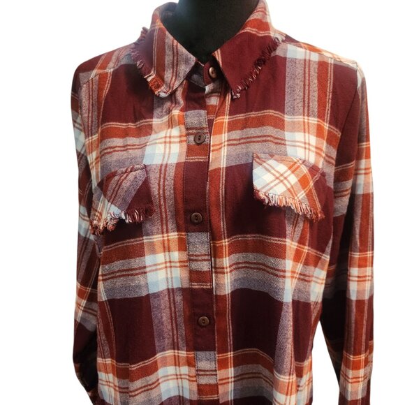 Signature Studios Burgundy Plaid Button Down Long Sleeve Flannel Shirt Size L - Picture 2 of 13